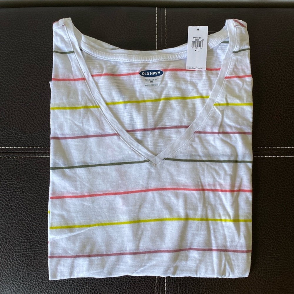 Old Navy The Easy Tee, White with Multicolored Stripes, Size XXL